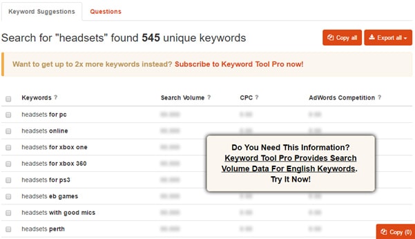 KeywordTool.io Results